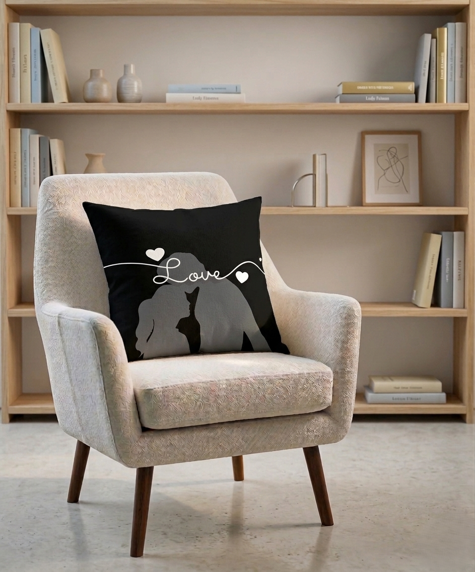 Siyah Love Yazılı Kırlent Kılıfı- Yastık Kılıfı Dijital Baskı 43x43 cm